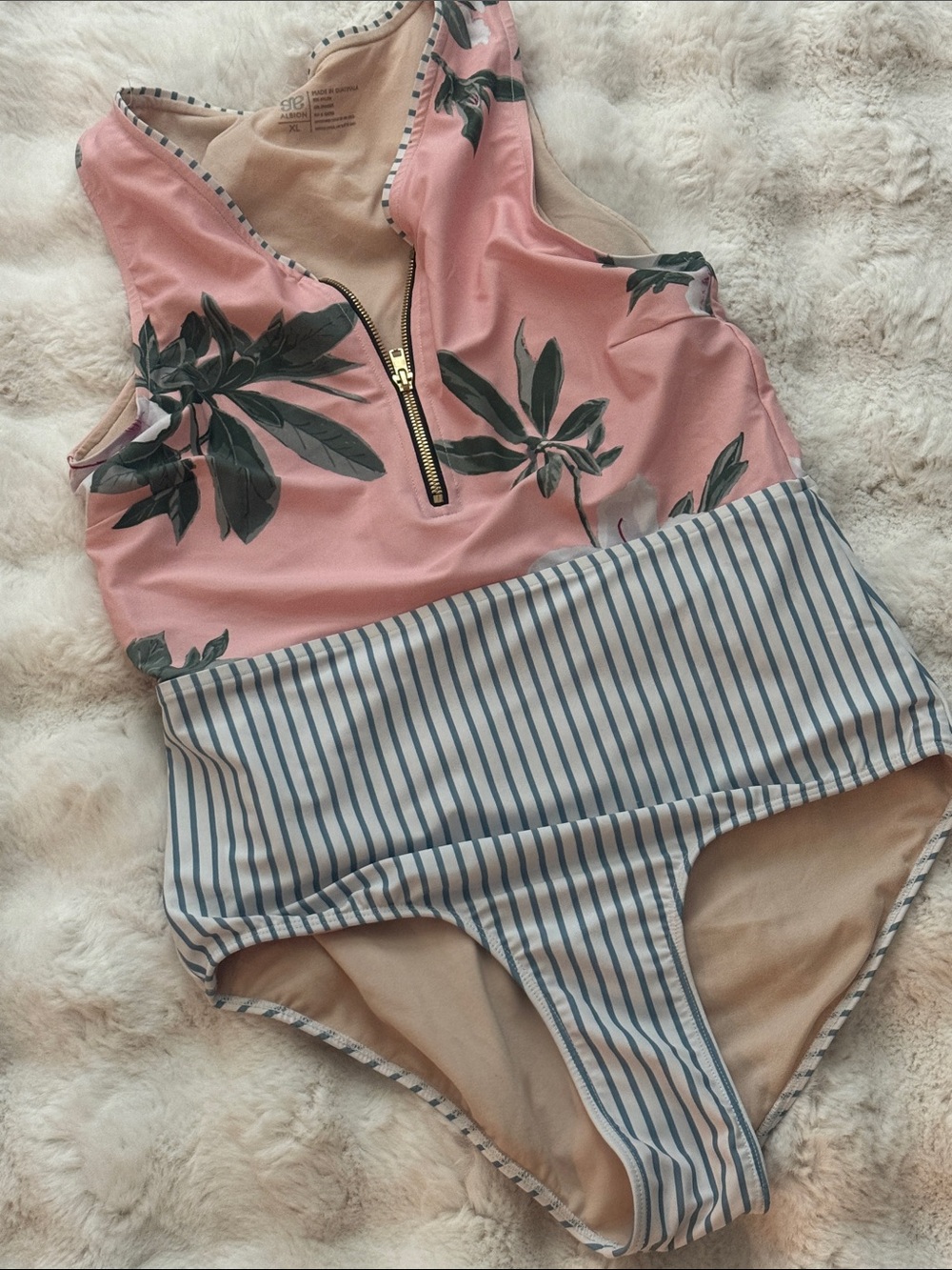 Albion Floral  & Blue Stripe One-Piece Swimsuit with Front Zipper